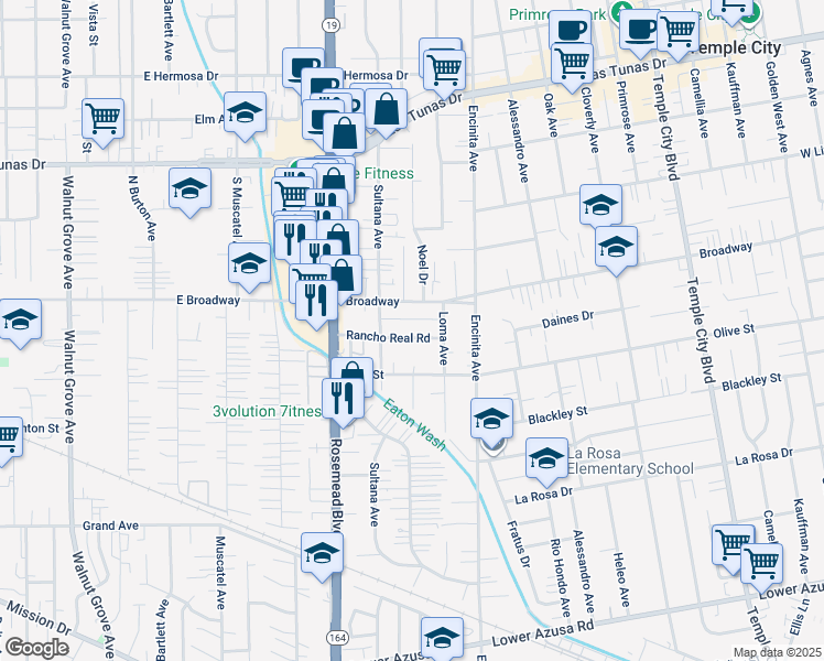 map of restaurants, bars, coffee shops, grocery stores, and more near 9103 Rancho Real Road in Temple City