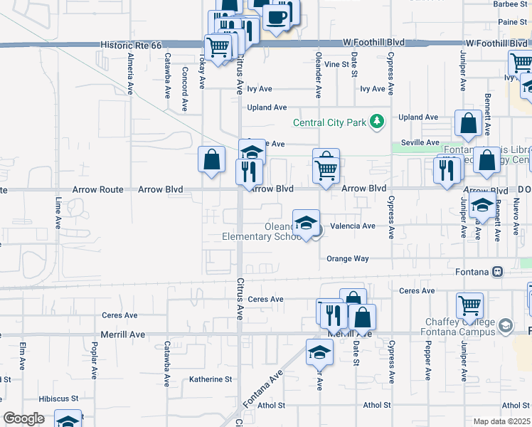 map of restaurants, bars, coffee shops, grocery stores, and more near 8555 Citrus Avenue in Fontana