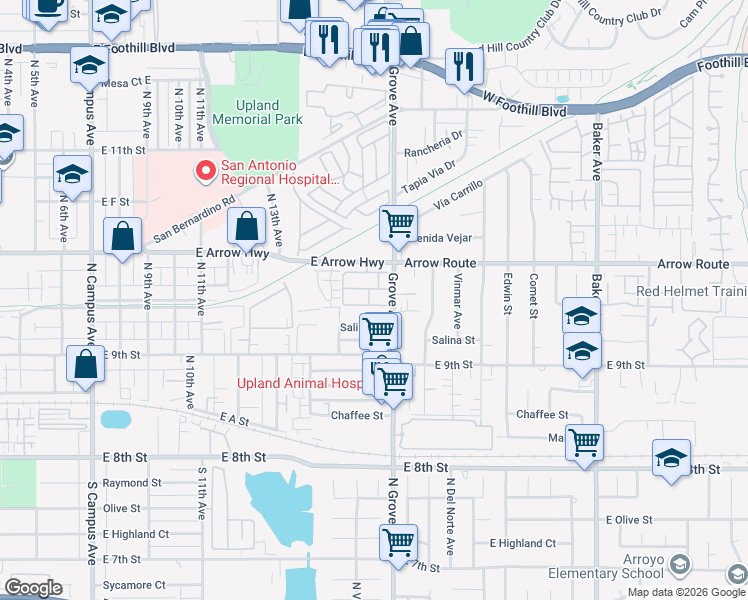 map of restaurants, bars, coffee shops, grocery stores, and more near 1437 Orange Grove Street in Upland