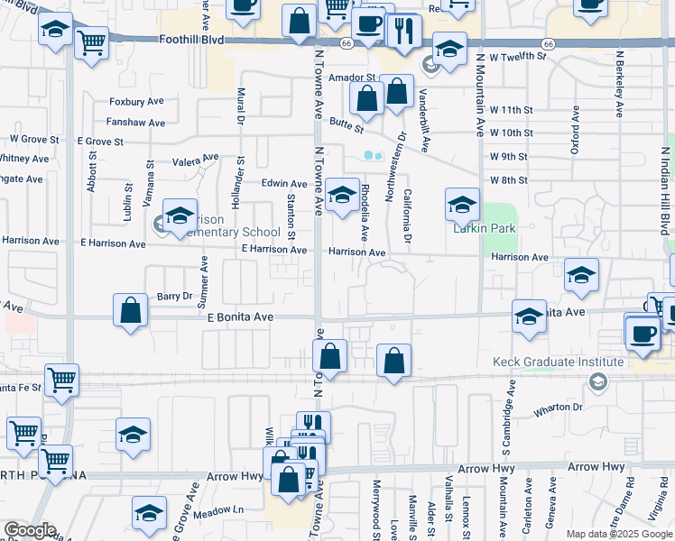 map of restaurants, bars, coffee shops, grocery stores, and more near 2870 North Towne Avenue in Pomona