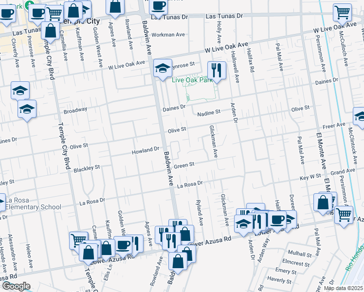 map of restaurants, bars, coffee shops, grocery stores, and more near 5340 Village Circle Drive in Temple City