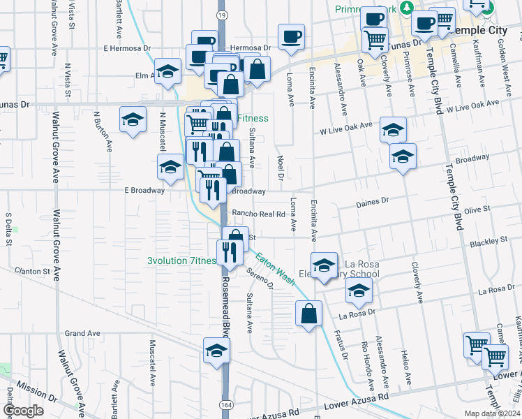 map of restaurants, bars, coffee shops, grocery stores, and more near 9069 Rancho Real Road in Temple City