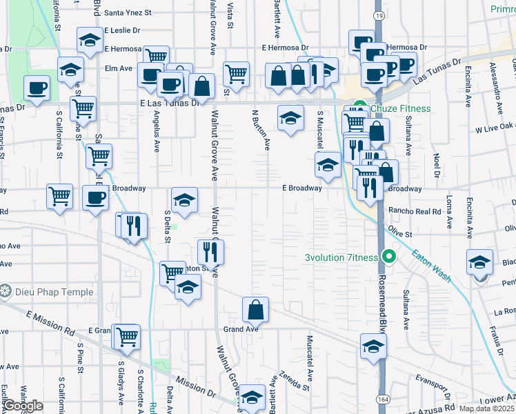 map of restaurants, bars, coffee shops, grocery stores, and more near 5426 North Burton Avenue in San Gabriel