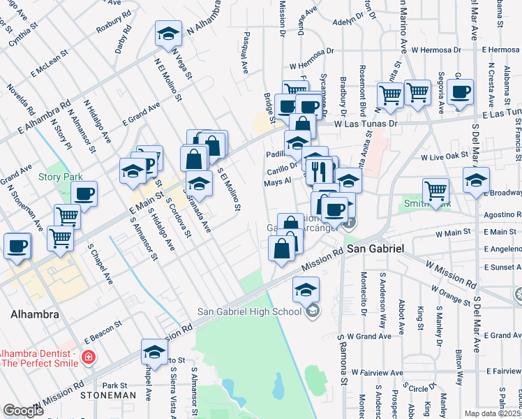 map of restaurants, bars, coffee shops, grocery stores, and more near 301 South Arroyo Drive in San Gabriel