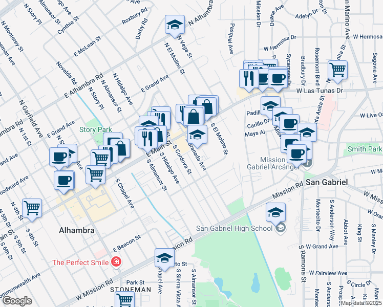 map of restaurants, bars, coffee shops, grocery stores, and more near 105 South Granada Avenue in Alhambra