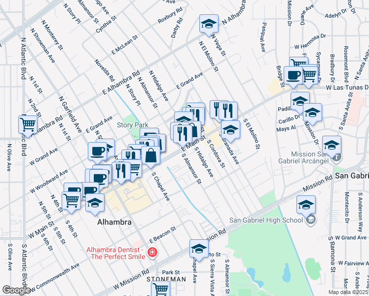 map of restaurants, bars, coffee shops, grocery stores, and more near 620 East Main Street in Alhambra