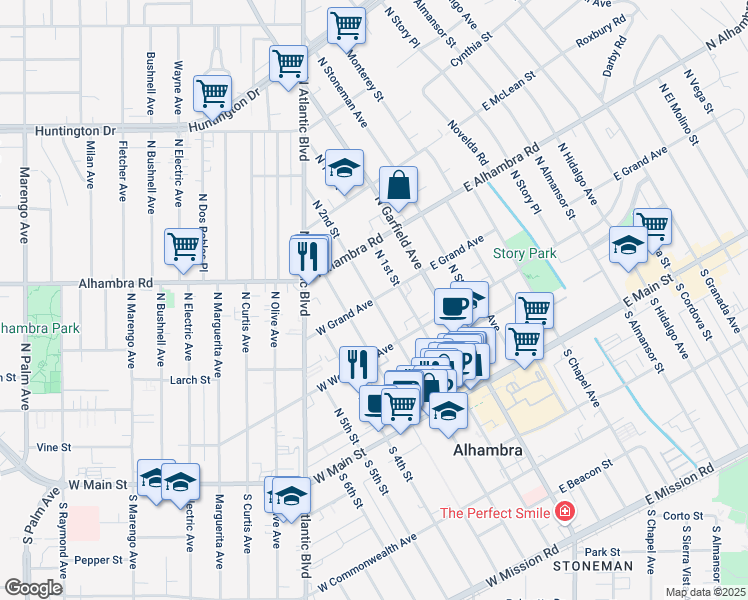 map of restaurants, bars, coffee shops, grocery stores, and more near 112 West Grand Avenue in Alhambra