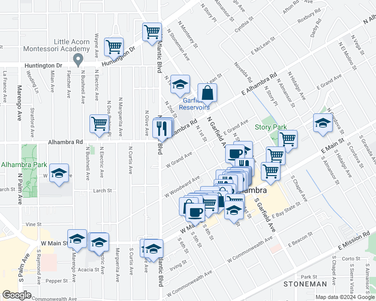 map of restaurants, bars, coffee shops, grocery stores, and more near 217 West Grand Avenue in Alhambra