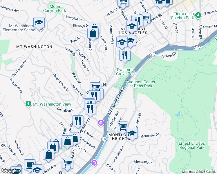 map of restaurants, bars, coffee shops, grocery stores, and more near 4579 North Figueroa Street in Los Angeles