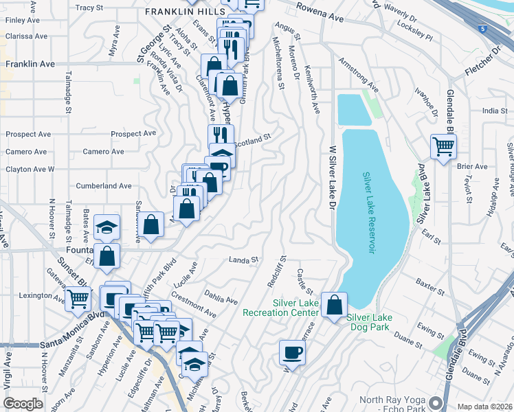 map of restaurants, bars, coffee shops, grocery stores, and more near 2029 Meadow Valley Terrace in Los Angeles