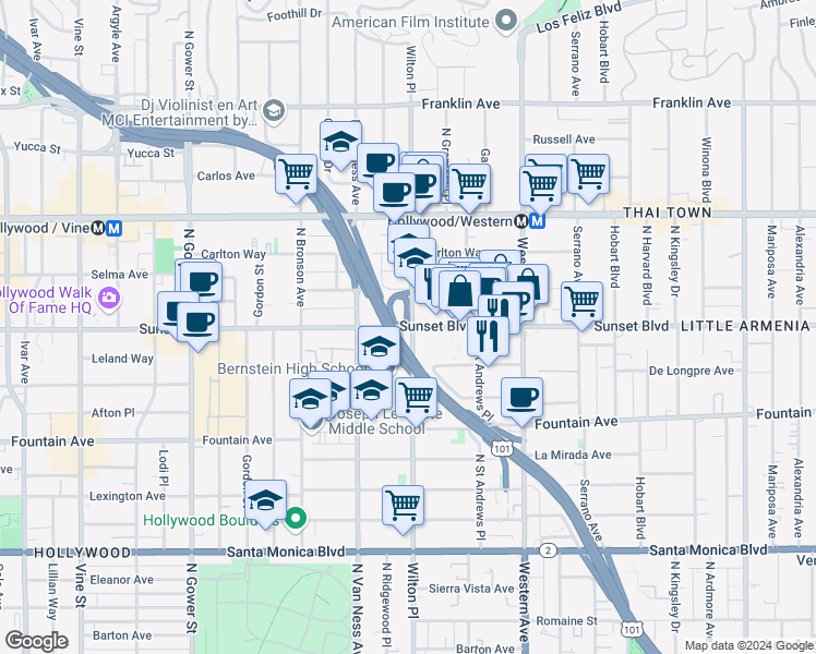 map of restaurants, bars, coffee shops, grocery stores, and more near in Los Angeles