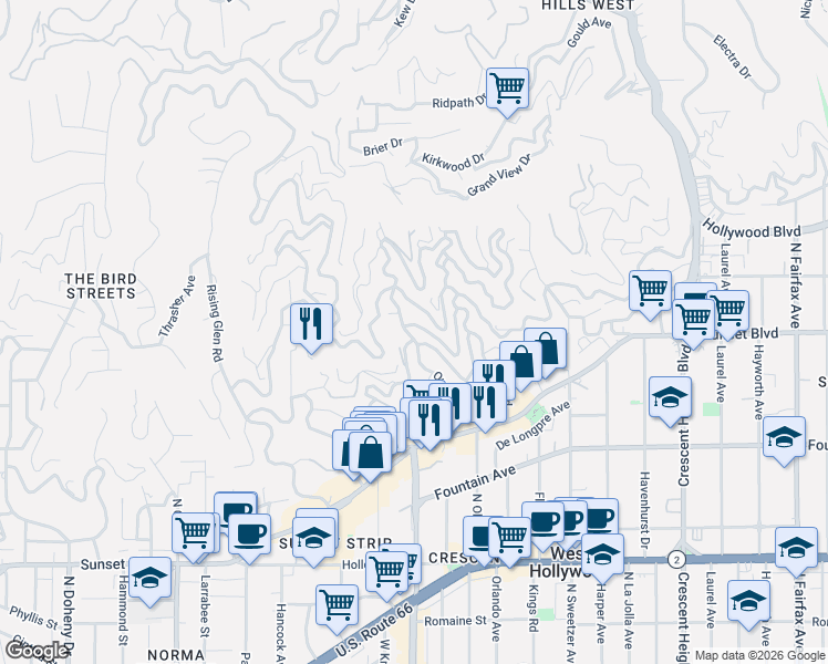 map of restaurants, bars, coffee shops, grocery stores, and more near 1513 Queens Road in Los Angeles