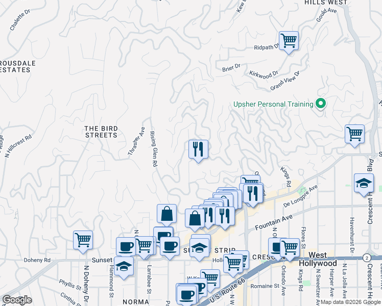 map of restaurants, bars, coffee shops, grocery stores, and more near 1500 Sunset Plaza Drive in Los Angeles