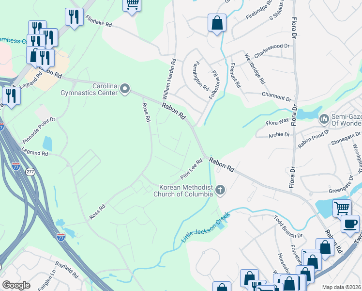 map of restaurants, bars, coffee shops, grocery stores, and more near 350 Rabon Road in Columbia