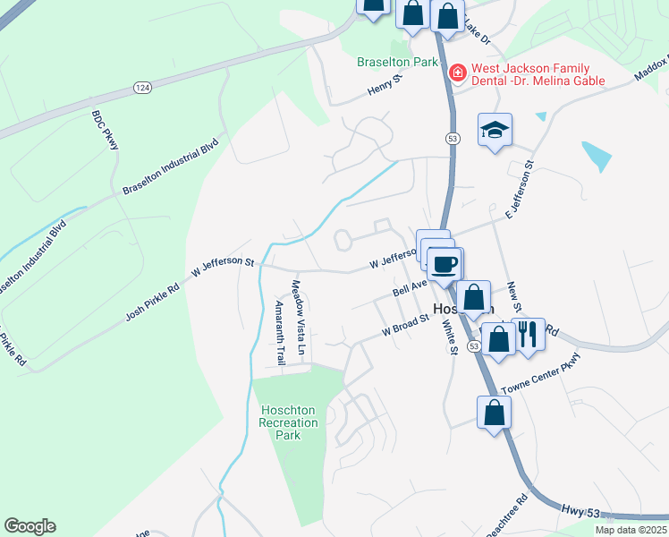 map of restaurants, bars, coffee shops, grocery stores, and more near 304 West Jefferson Street in Hoschton