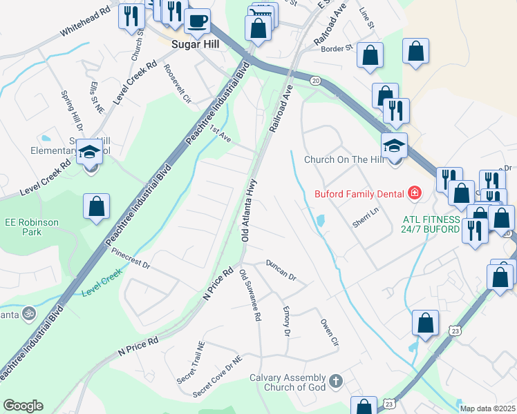 map of restaurants, bars, coffee shops, grocery stores, and more near 1177 Old Atlanta Highway in Buford