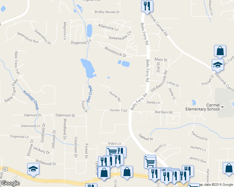 map of restaurants, bars, coffee shops, grocery stores, and more near 1296 Hunter Trail in Acworth