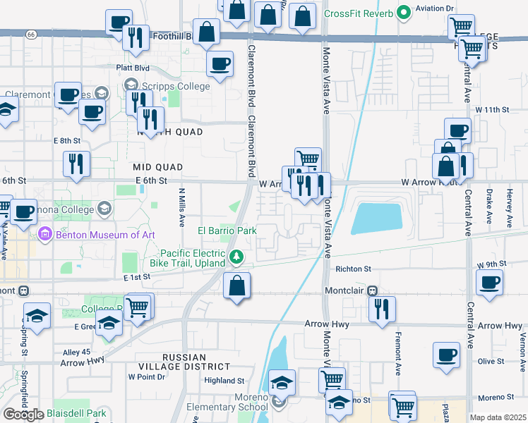map of restaurants, bars, coffee shops, grocery stores, and more near 306 Golden Bear Lane in Upland