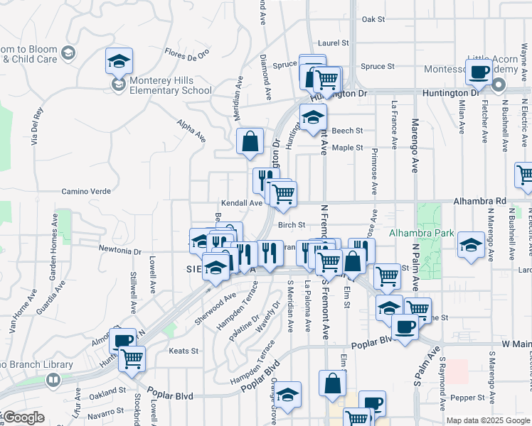 map of restaurants, bars, coffee shops, grocery stores, and more near 5753 Huntington Drive North in Los Angeles