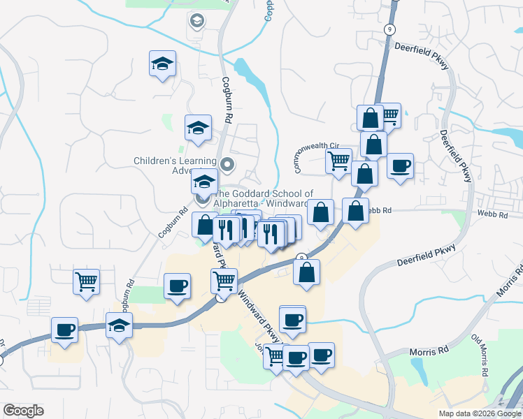 map of restaurants, bars, coffee shops, grocery stores, and more near 413 Burbank Alley in Milton