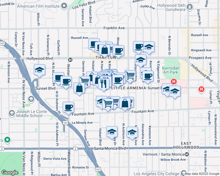 map of restaurants, bars, coffee shops, grocery stores, and more near Sunset Boulevard & North Kingsley Drive in Los Angeles