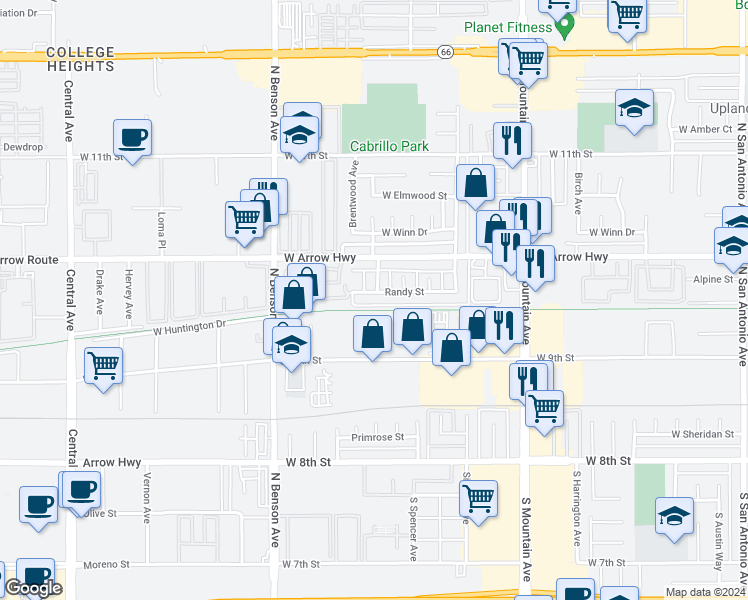 map of restaurants, bars, coffee shops, grocery stores, and more near 1444 Randy Street in Upland