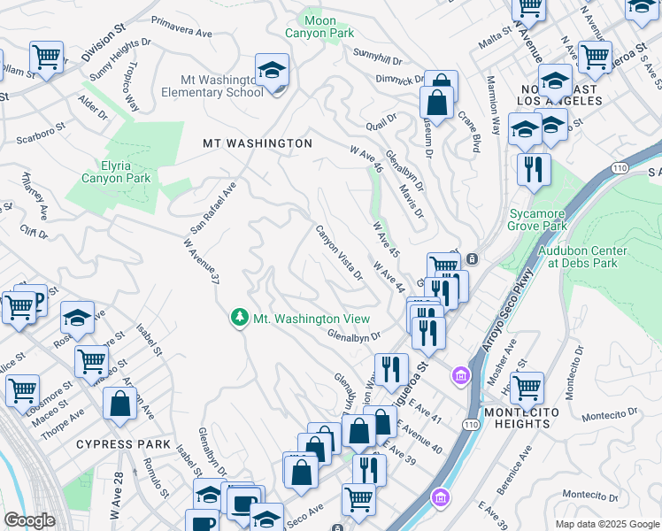 map of restaurants, bars, coffee shops, grocery stores, and more near 450 Colina Alley in Los Angeles