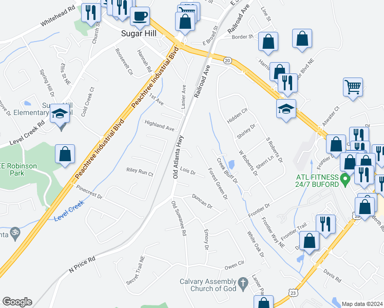 map of restaurants, bars, coffee shops, grocery stores, and more near 4681 Cook Drive in Sugar Hill