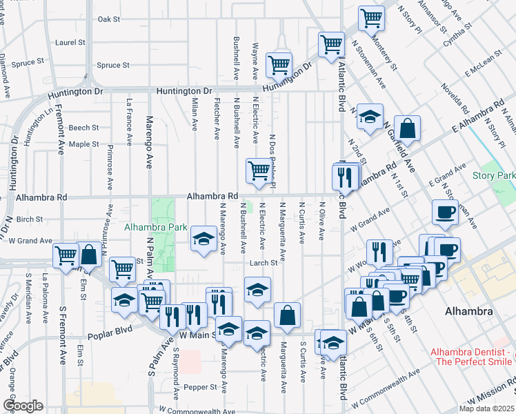 map of restaurants, bars, coffee shops, grocery stores, and more near 513 North Electric Avenue in Alhambra