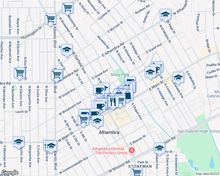 map of restaurants, bars, coffee shops, grocery stores, and more near 212 North Stoneman Avenue in Alhambra