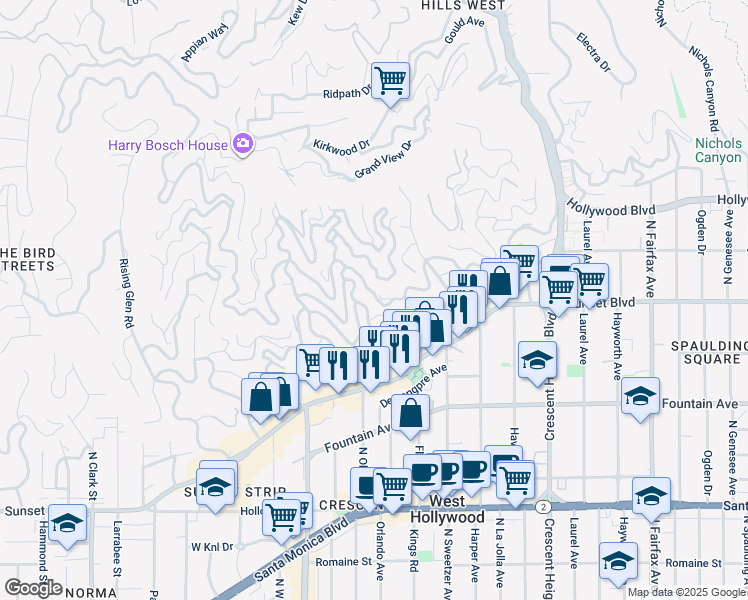 map of restaurants, bars, coffee shops, grocery stores, and more near 8428 Hollywood Boulevard in Los Angeles