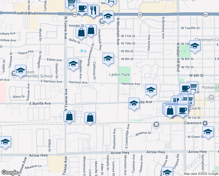 map of restaurants, bars, coffee shops, grocery stores, and more near 475 Taylor Drive in Claremont