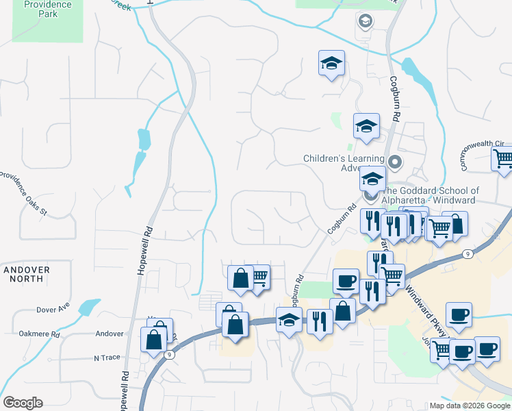 map of restaurants, bars, coffee shops, grocery stores, and more near 595 Tammany Pointe in Alpharetta