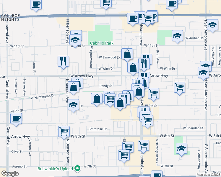 map of restaurants, bars, coffee shops, grocery stores, and more near 1364 Randy Street in Upland