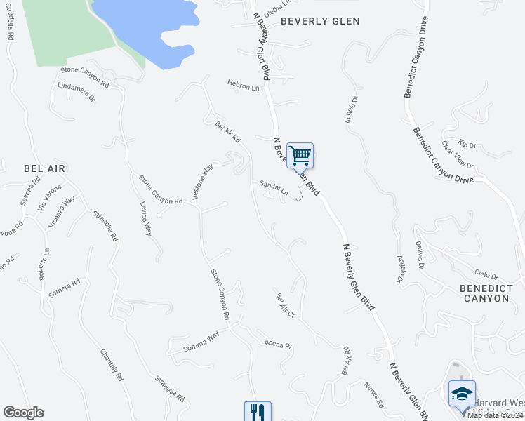 map of restaurants, bars, coffee shops, grocery stores, and more near 1518 Bel Air Road in Los Angeles