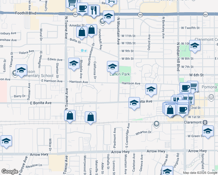 map of restaurants, bars, coffee shops, grocery stores, and more near 475 Taylor Drive in Claremont