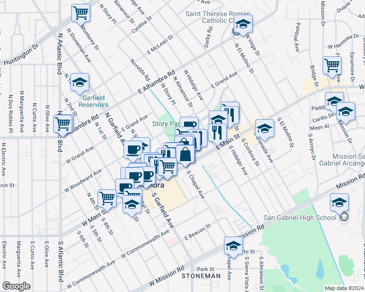 map of restaurants, bars, coffee shops, grocery stores, and more near 106 North Chapel Avenue in Alhambra