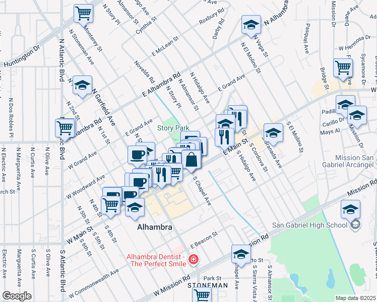 map of restaurants, bars, coffee shops, grocery stores, and more near East Main Street in Alhambra