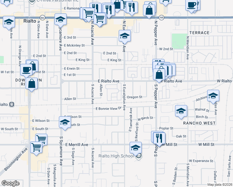 map of restaurants, bars, coffee shops, grocery stores, and more near 160 South Eucalyptus Avenue in Rialto