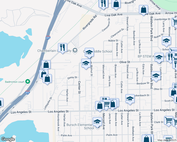 map of restaurants, bars, coffee shops, grocery stores, and more near 4701 Walnut Street in Baldwin Park