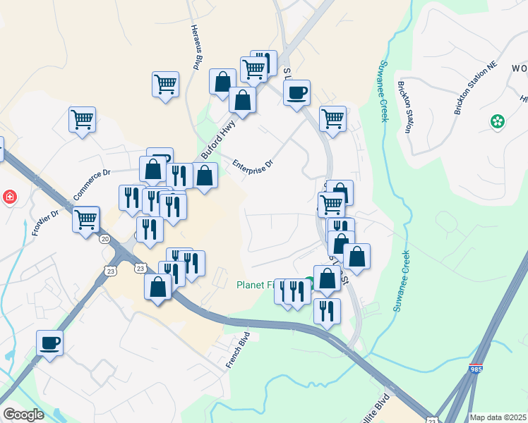 map of restaurants, bars, coffee shops, grocery stores, and more near 1736 Sturgeon Road in Buford
