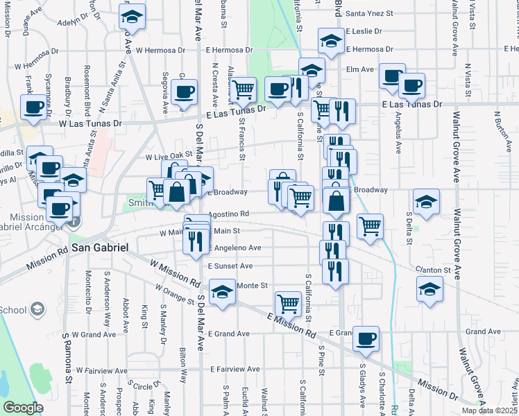 map of restaurants, bars, coffee shops, grocery stores, and more near 305 Agostino Road in San Gabriel