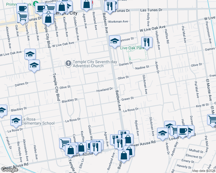map of restaurants, bars, coffee shops, grocery stores, and more near 9941 Howland Drive in Temple City