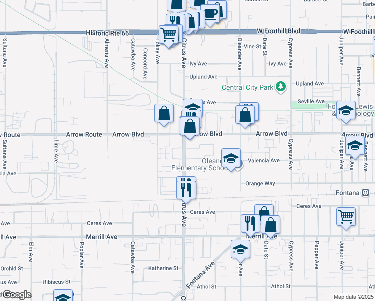 map of restaurants, bars, coffee shops, grocery stores, and more near 8555 Citrus Avenue in Fontana
