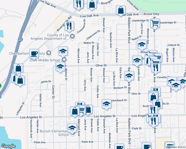 map of restaurants, bars, coffee shops, grocery stores, and more near 4737 Cutler Avenue in Baldwin Park