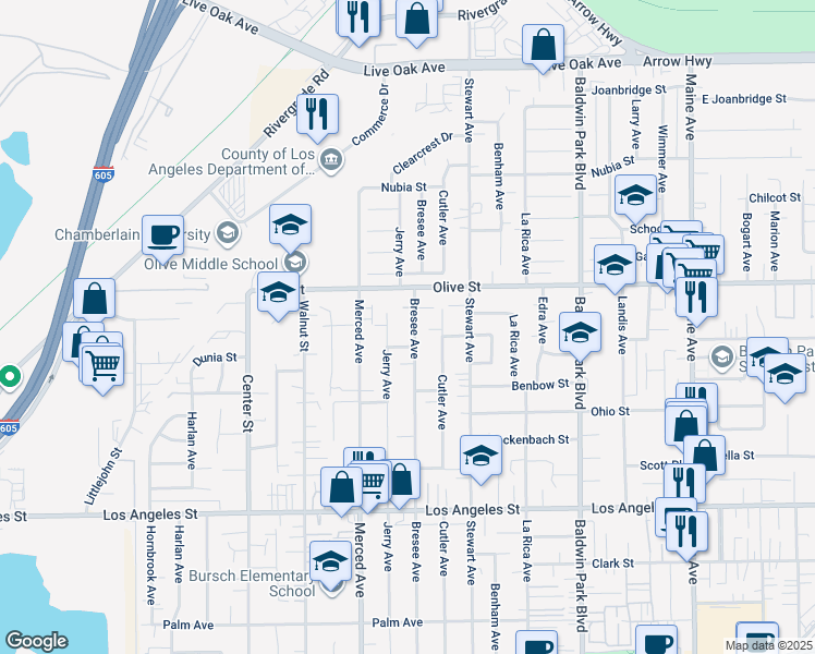 map of restaurants, bars, coffee shops, grocery stores, and more near 4720 Jerry Avenue in Baldwin Park