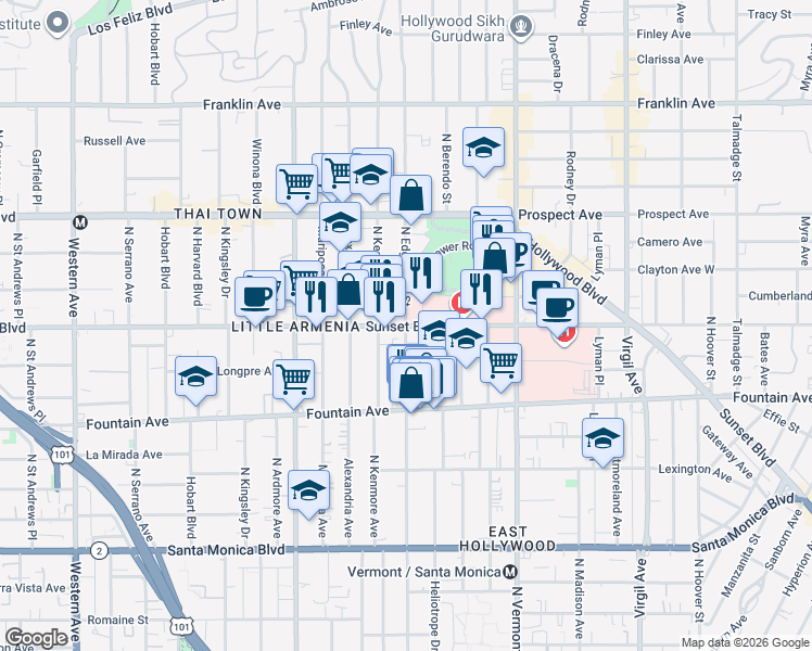 map of restaurants, bars, coffee shops, grocery stores, and more near Sunset Blvd & N Edgemont St in Los Angeles