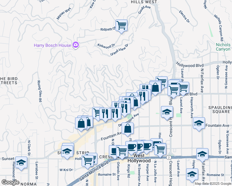 map of restaurants, bars, coffee shops, grocery stores, and more near 8428 Hollywood Boulevard in Los Angeles