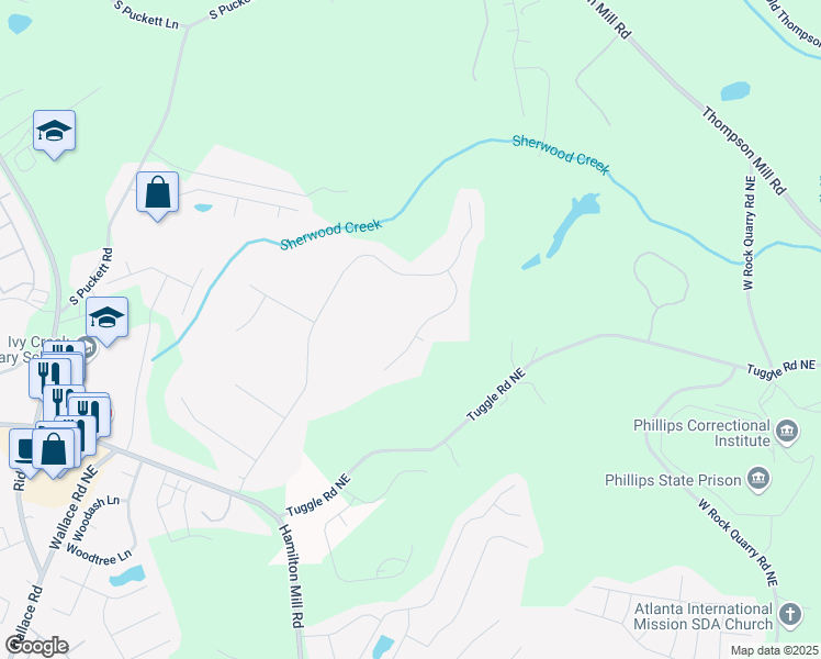 map of restaurants, bars, coffee shops, grocery stores, and more near 3416 Haddon Hall Court in Buford