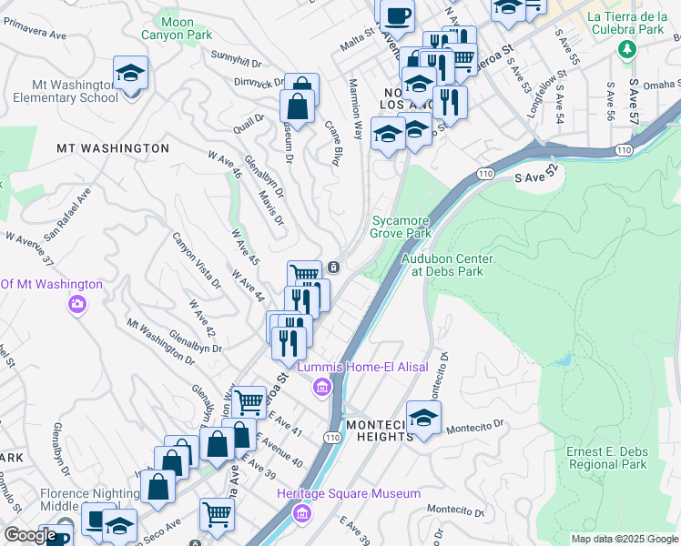 map of restaurants, bars, coffee shops, grocery stores, and more near 4579 North Figueroa Street in Los Angeles